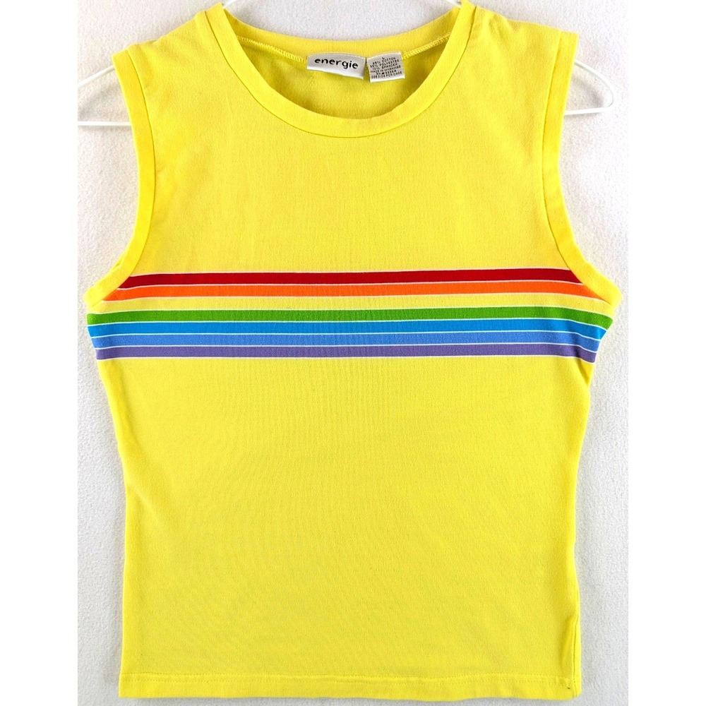 Vintage Energie Rainbow Stripe Muscle Tee Women L Yellow Sleeveless Cotton Blend